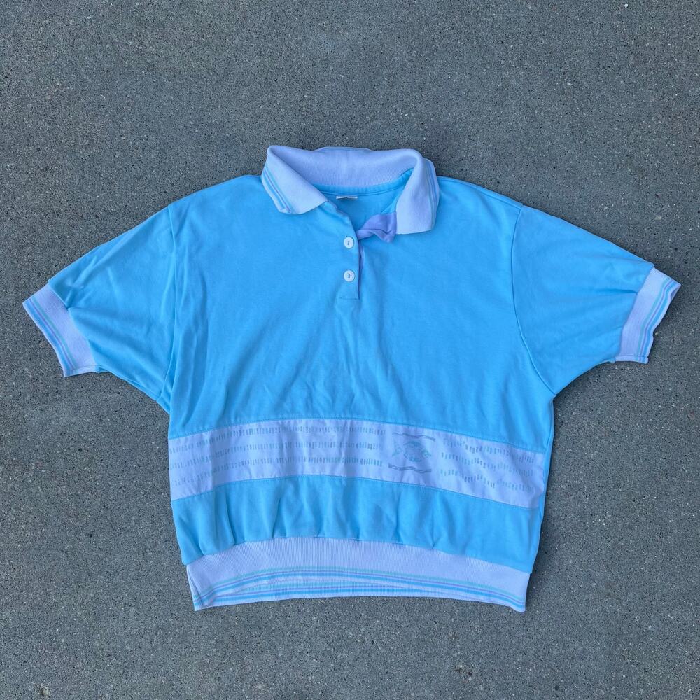 Vintage 90s Jantzen pastel blue tropical fish ringer polo shirt MEDIUM
